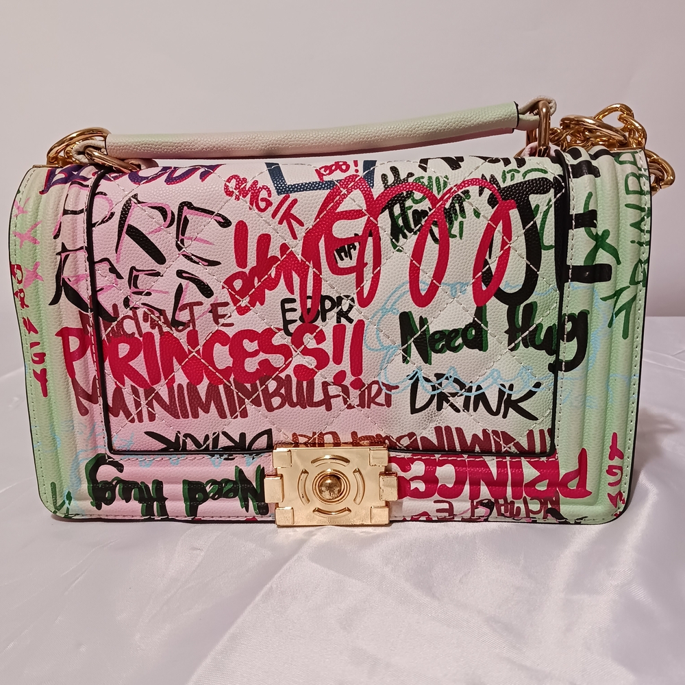 Quilted Graffiti Print Pink And Green Hand Shoulder Crossbody Bag